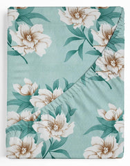Elastic Fitted Double Bedsheets For Queen Size With 2 Pillow Covers - Size 72 X 68 X 6 Inches, Mint Green & Off White | Double Bed With Corner Elastic | Wrinkle Free Super Soft Floral Breathable