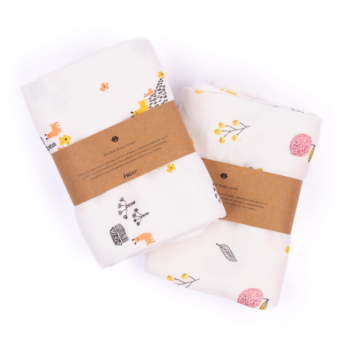 Haber Traditional Baby Muslin Bath Towel 160 Gsm | Organic Indian Cotton 4 Layer, Eco-Conscious & Safe Printed Cloth (Animals & Fruits)- Pack Of 2