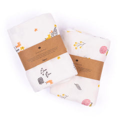 Haber Traditional Baby Muslin Bath Towel 160 Gsm | Organic Indian Cotton 4 Layer, Eco-Conscious & Safe Printed Cloth (Animals & Fruits)- Pack Of 2