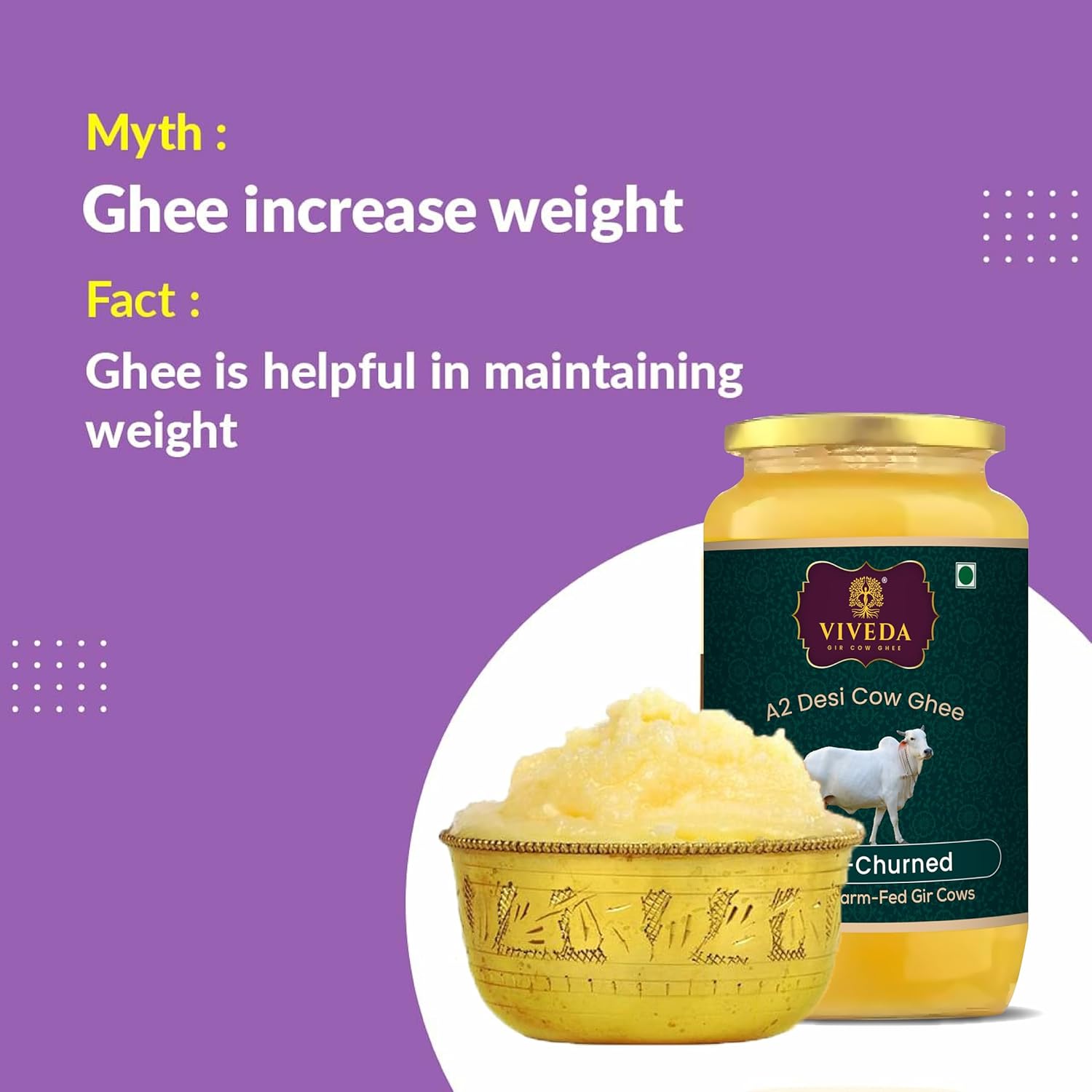 Premium A2 Desi Cow Ghee By Viveda | Hand-Churned, Traditional Bilona Method Pure Desi Cow Ghee Good For Dishes | (500ml) 16.9 Ounce | Jar Pack