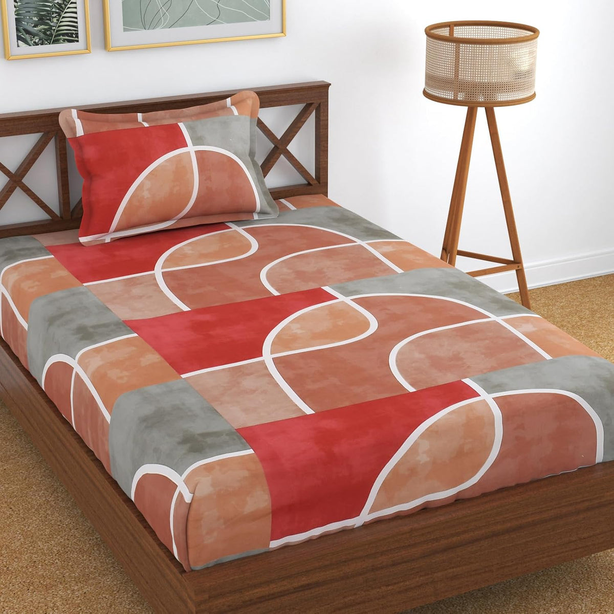 Glace Cotton Single Bedsheet Elastic Fitted With 2 Pillow Cover - 48x78x8 Inches, Brown & Red | Soft Touch To Skin | Perfect Ideal For House, Hotel, Guest House Bedsheet