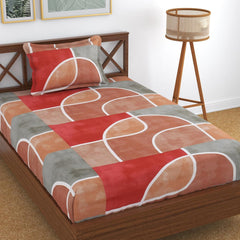 Glace Cotton Single Bedsheet Elastic Fitted With 2 Pillow Cover - 48x78x8 Inches, Brown & Red | Soft Touch To Skin | Perfect Ideal For House, Hotel, Guest House Bedsheet