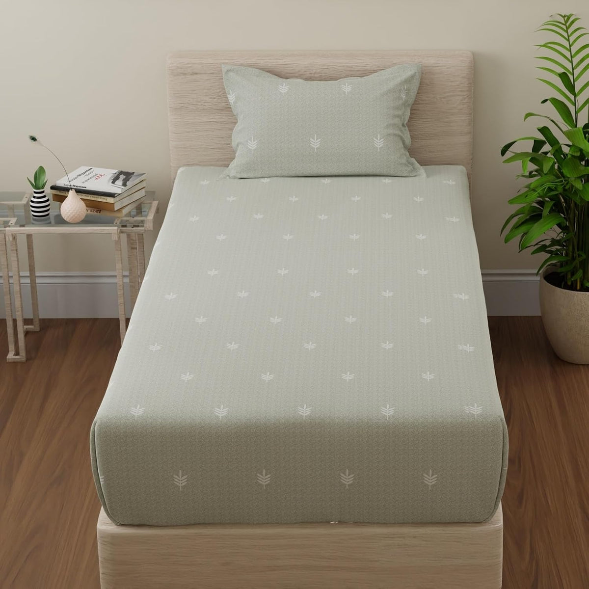 Elastic Fitted Bedsheet For Single Bed Pure Cotton With 1 Pillow Cover | 36 X 78 Inches, Sage Green & White | Lightweight, Soft, & Comfortable