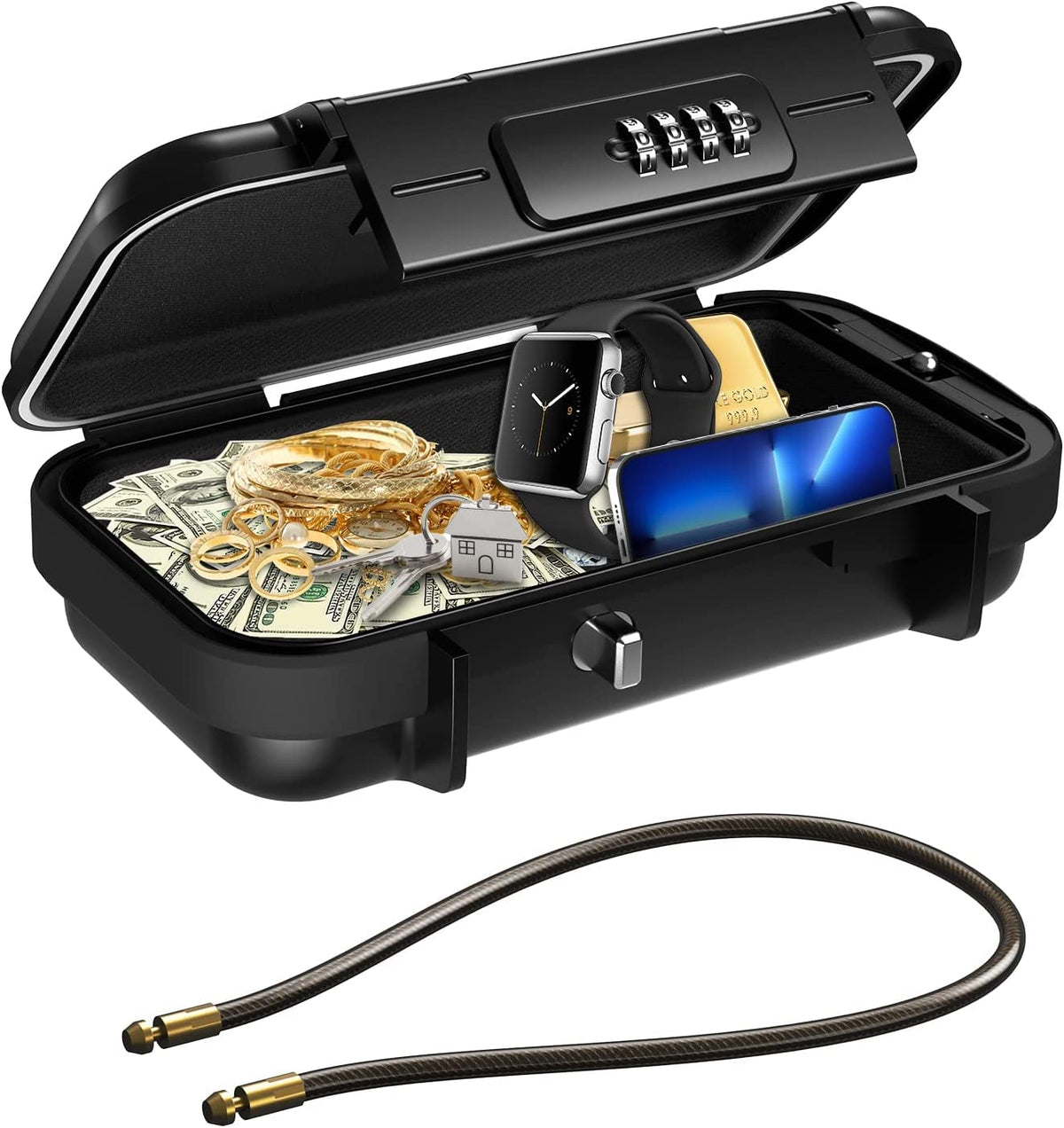 Cash Box With Combination Lock, Portable Safe Money Case With Handle & Cable, Security Lock Box, Colour - Black, Special Feature - Portable