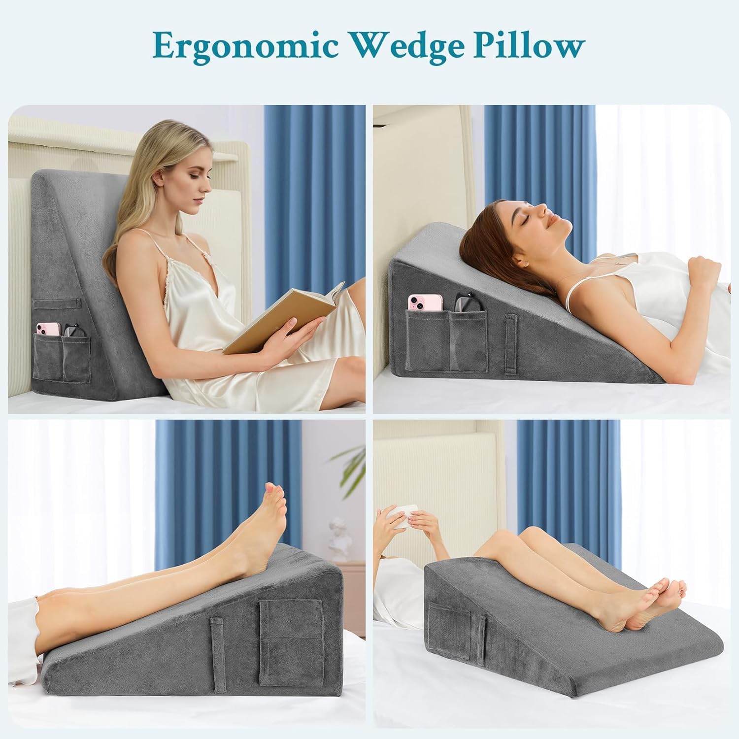 Wedge Pillow High Density For Back Support, Wedge Cushion, Acid Reflux, Grey | Wedge Pillow For Back Support, Leg Elevation, Pregnancy | Lightweight, Anti-Slip, Breathable, Resting Pillow