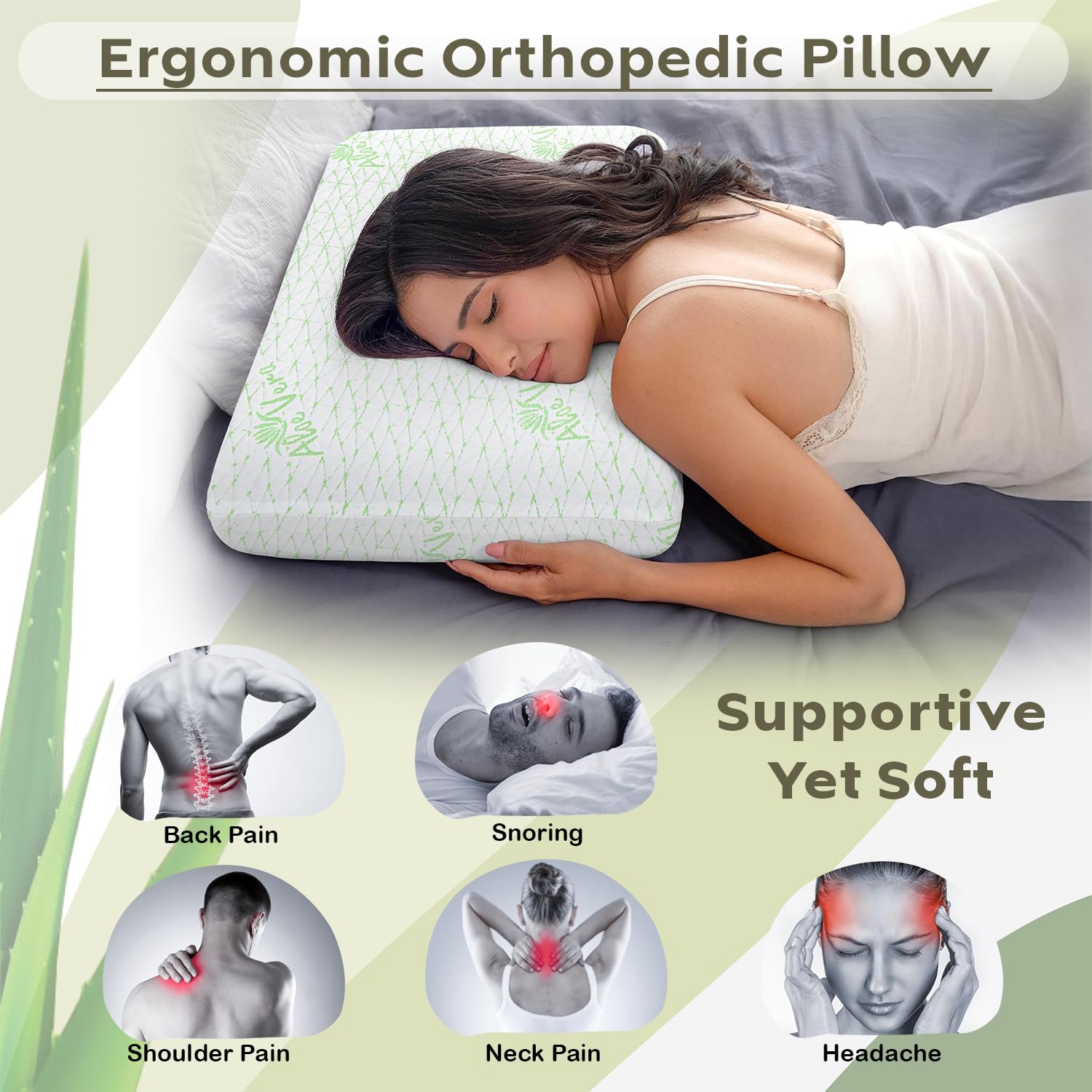Memory Foam Pillow For Neck & Shoulder Pain Relief, White | Aloevera Memory Foam Pillow, Orthopedic Pillow For Pain Relief & Spinal Alignment Ergonomic Pillow, Washable Cover - Set Of 4