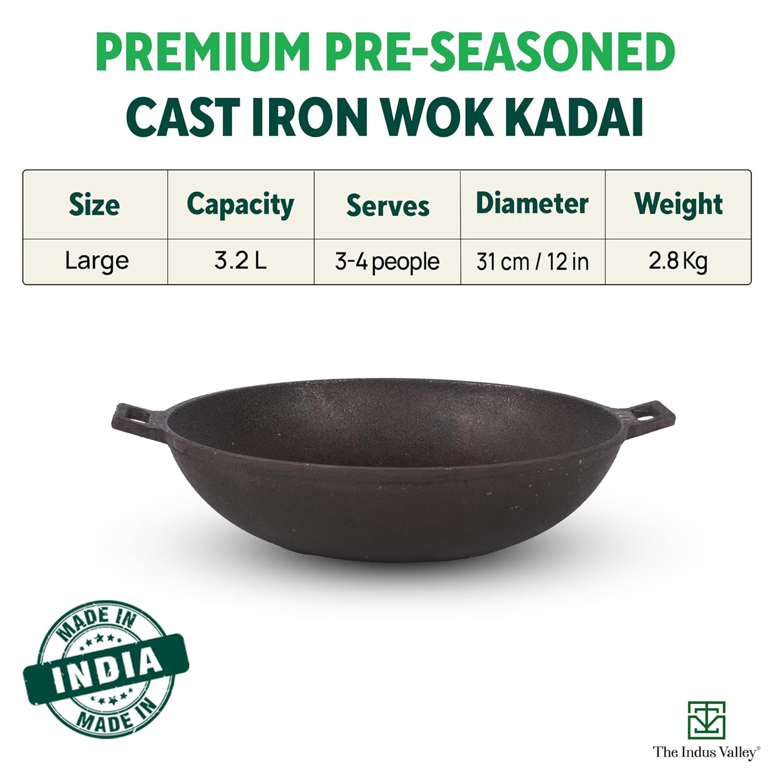 Pre-Seasoned Black Cast Iron Wok Kadai - Large, 31cm, 12 Inch, 3.2 Liters, 2.8 Kg | Induction Friendly, Naturally Nonstick, 100% Pure & Toxin-Free, No Chemical Coating