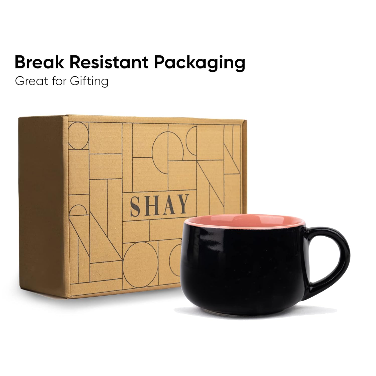 Ceramic Medium Cup Set Of 2 - Black & Pink, 320ml Each | Cup Set Of 2 For Coffee & Tea With Glossy Finish - Premium Stoneware Ceramic Cup | Microwave Safe & Dishwasher Safe