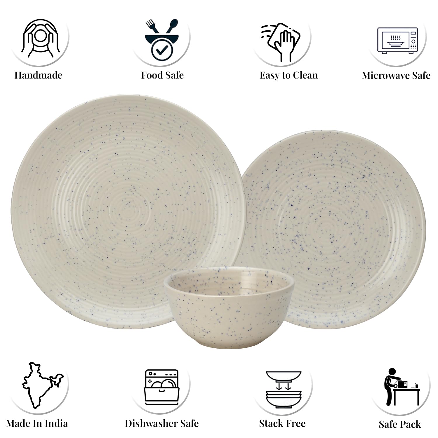 Handmade Ceramic Solid Dinner Set Of 18 - Ivory White | 6 Dinner Plates, 10.6 Inch Each+ 6 Small Plates, 7.4 Inch Each + 6 Small Dinner Bowls, 180ml Each - Microwave & Dishwasher Safe