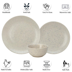 Handmade Ceramic Solid Dinner Set Of 18 - Ivory White | 6 Dinner Plates, 10.6 Inch Each+ 6 Small Plates, 7.4 Inch Each + 6 Small Dinner Bowls, 180ml Each - Microwave & Dishwasher Safe