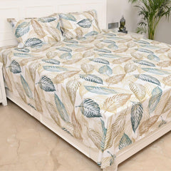 Super King Pure Cotton Bedsheet With 2 Pillow Covers | 108 × 108 Inches, Beige & Green | Soft Breathable Floral Design Bedding | Comfortable Sleep All Year