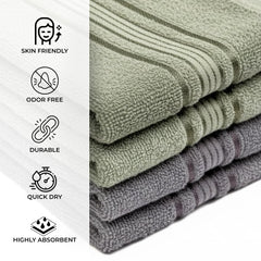 Akiko Home 100% Cotton Essential Series Hand Towels 800 Gsm | Soft, Absorbent & Durable, Cotton Hand Towel | Pack Of 4 (Green & Grey)