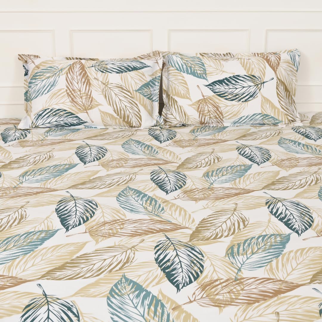 Queen Size Pure Cotton Bedsheet With 2 Pillow Covers | 90 × 100 Inches, Beige & Green | Soft Breathable Floral Design Bedding | Comfortable Sleep All Year