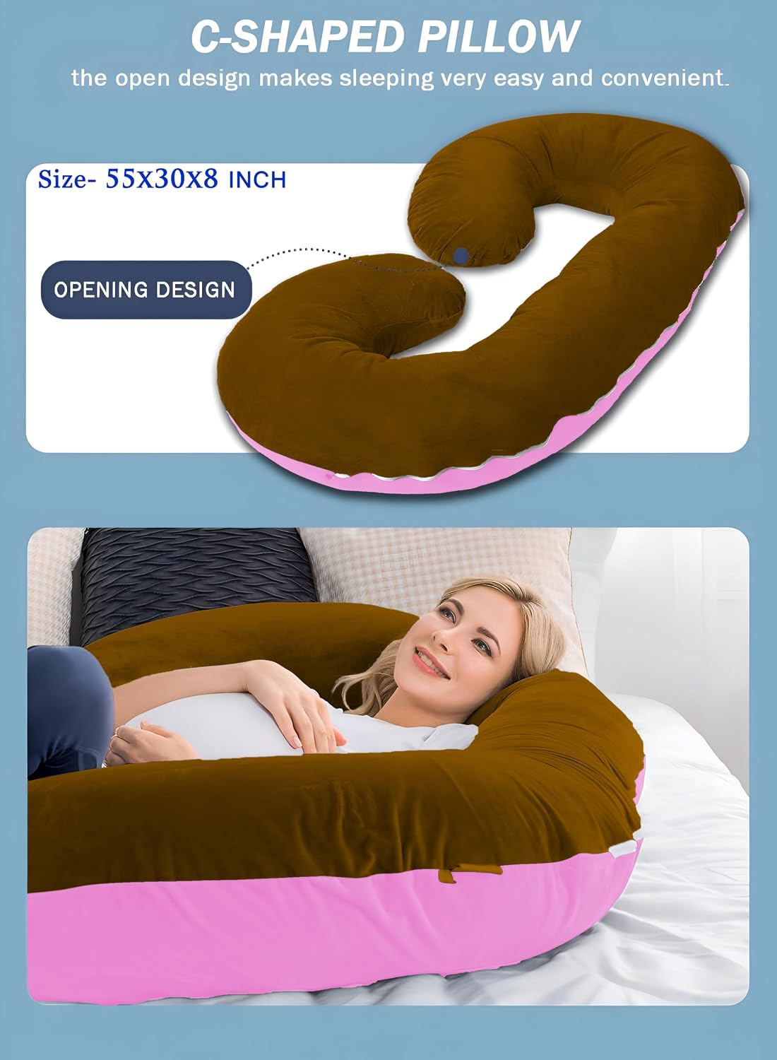 C Shaped Pillow, Pregnancy Pillow For Maternity & Baby Nursing - Pink & Brown | Pregnant Women Stomach, Spine, Neck Support, Velvet Outer Cover With Zip, Breathable, Foldable, Adjustable