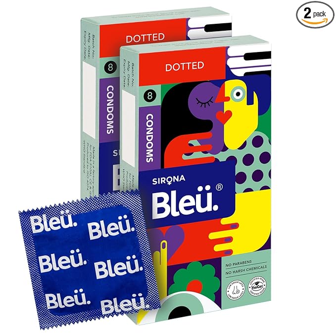 Bleu Vegan & 100% Natural Latex Dotted Condoms For Men With Extra Dots Toxin Free 8 Count Pack Of 2