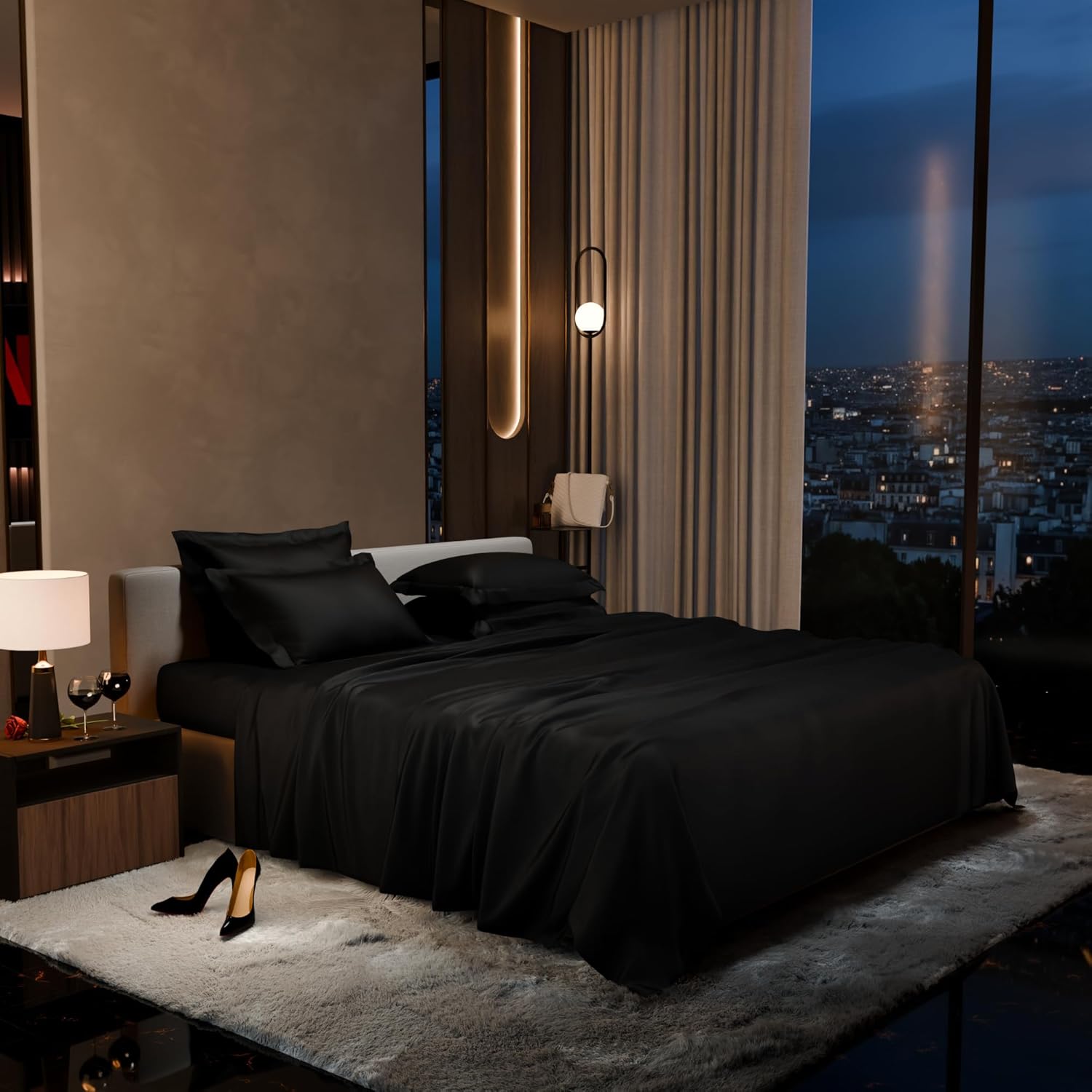 1 Flat Bedsheet King Size With 4 Pillow Cover - 108 X 108 Inches, Black | Wedding, Bedroom, Date Night Collection | 300 Thread Count