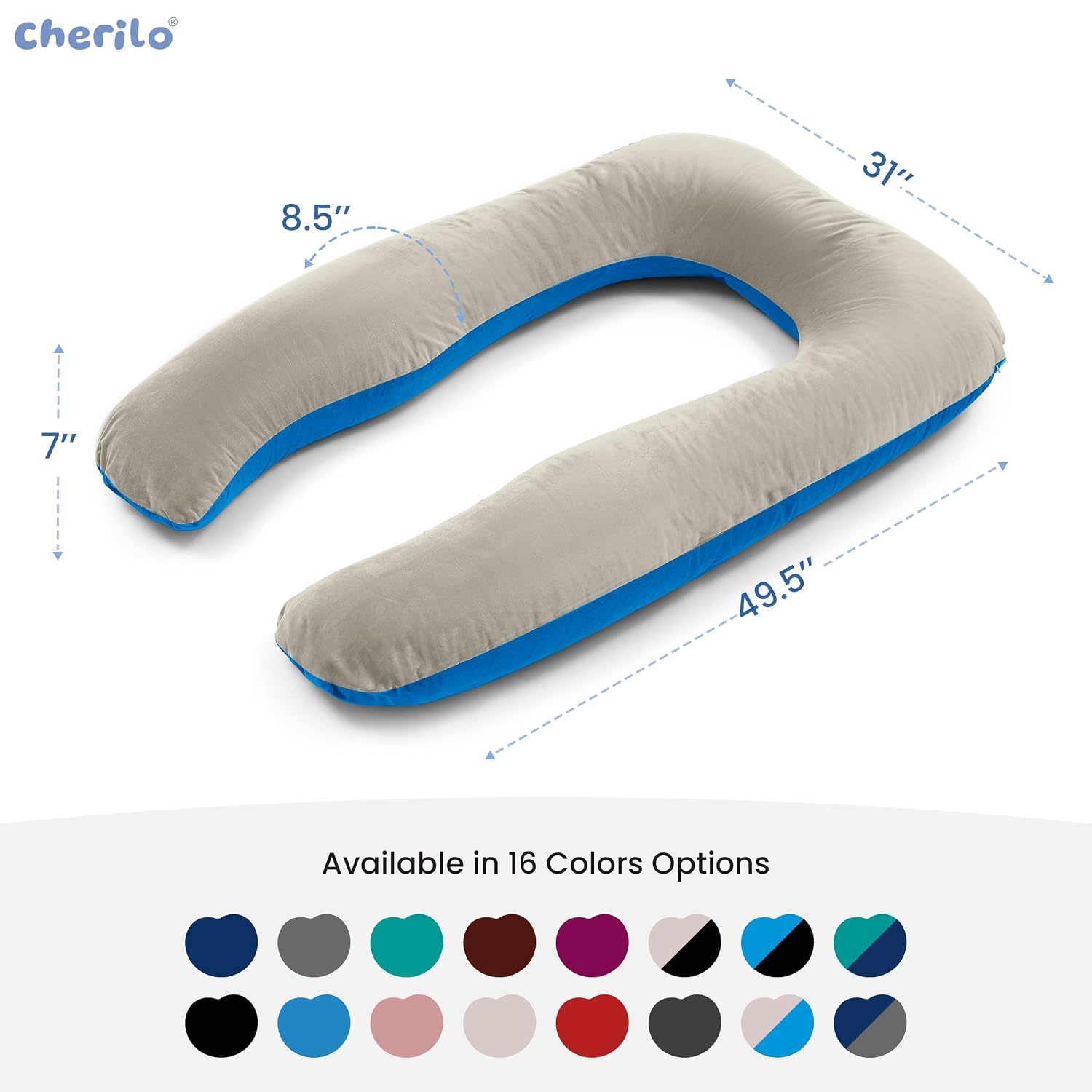 U Shaped Pregnancy Pillow For Pregnant Women & Nursing Mom, Beige & Sky Blue | Full Body Support, Single Pillow For Multipurpose Use During Maternity | Premium Velvet Outer Cover With Zip