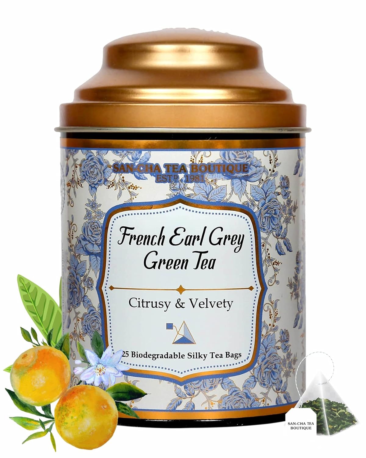 San-Cha French Earl Grey Green Tea - 25 Biodegradable Silky Tea Bags | Citrusy & Velvety Detox Tea - Environment Friendly & Made In Corn Fiber | Low Caffeine, Low Bitterness