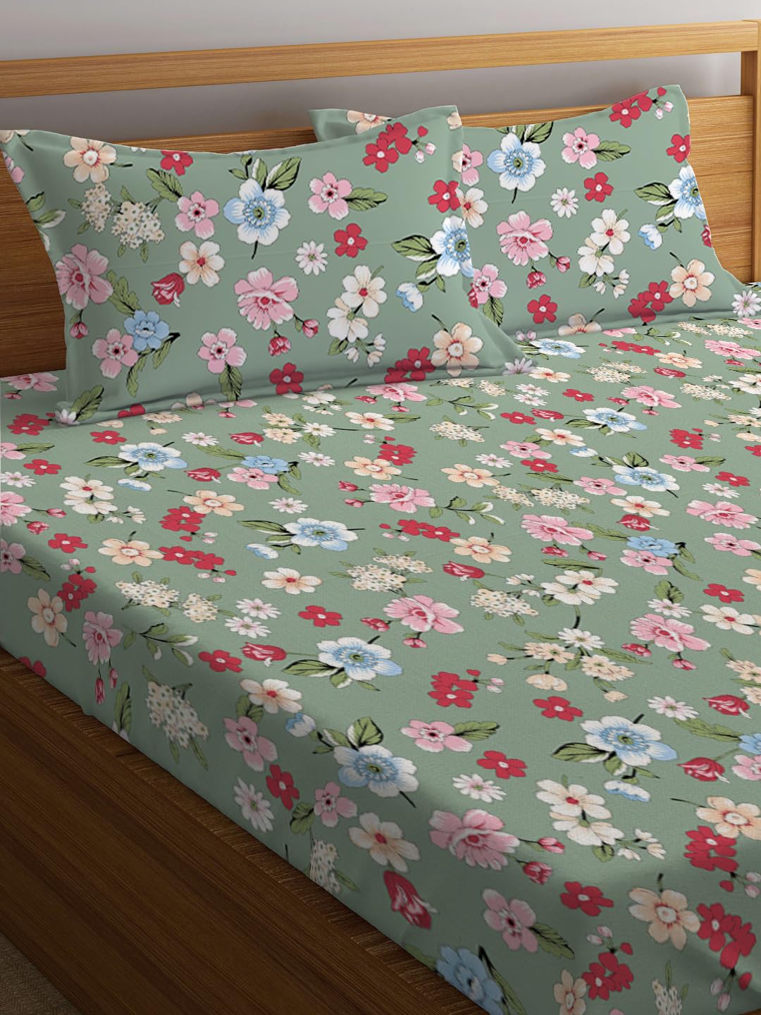 Double Bed Bedsheet With 2 Pillow Covers - 72 X 78 X 10 Inches, Green & Red | Elastic Fitted Printed King Size Bedsheet | Soft, Breathable & Wrinkle-Free