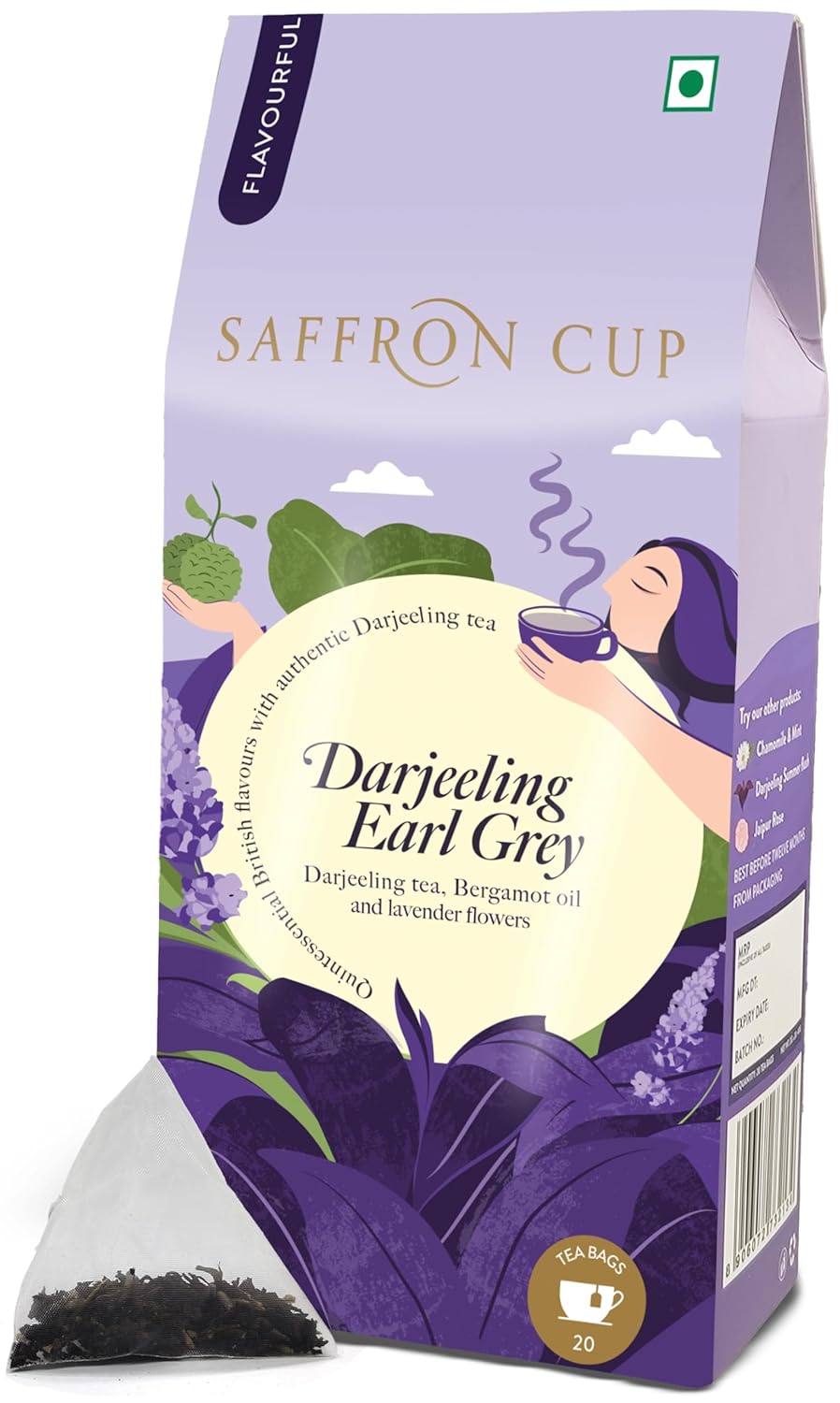 Saffron Cup Darjeeling Earl Grey Flavourful Black Tea - 40gm, 1.4 Ounce, 20 Pyramid Tea Bags | 100% Natural, Rich In Antioxidants - Infused With Bergamot & Lavender | Low Caffeine