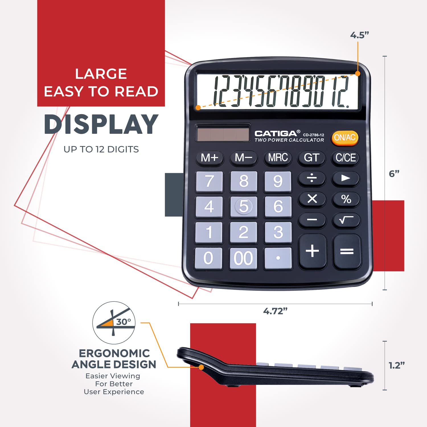 Desktop Calculator 12 Digit With Large LCD Display And Sensitive Button, Solar & Battery Dual Power, Standard Function For Office, Home, School, CD-2786 (Black)