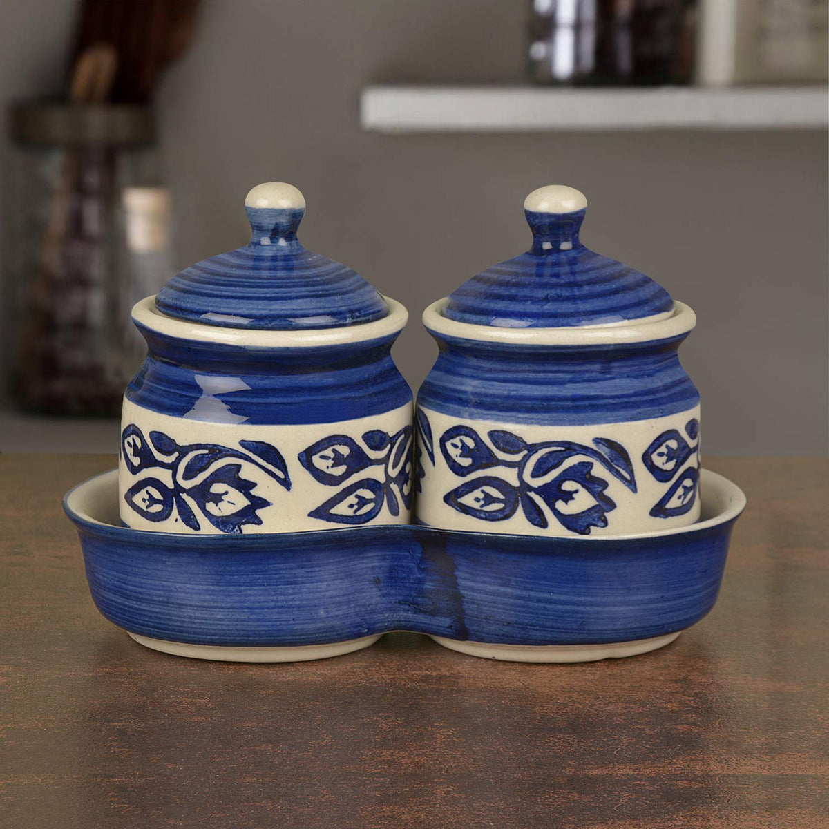 Ceramic Pickle Serving Jar Set With Tray Set Of 2 - 200ml Each, Blue & White | Condiment Set - Pickle Jar Set For Dining Table | Masala Container