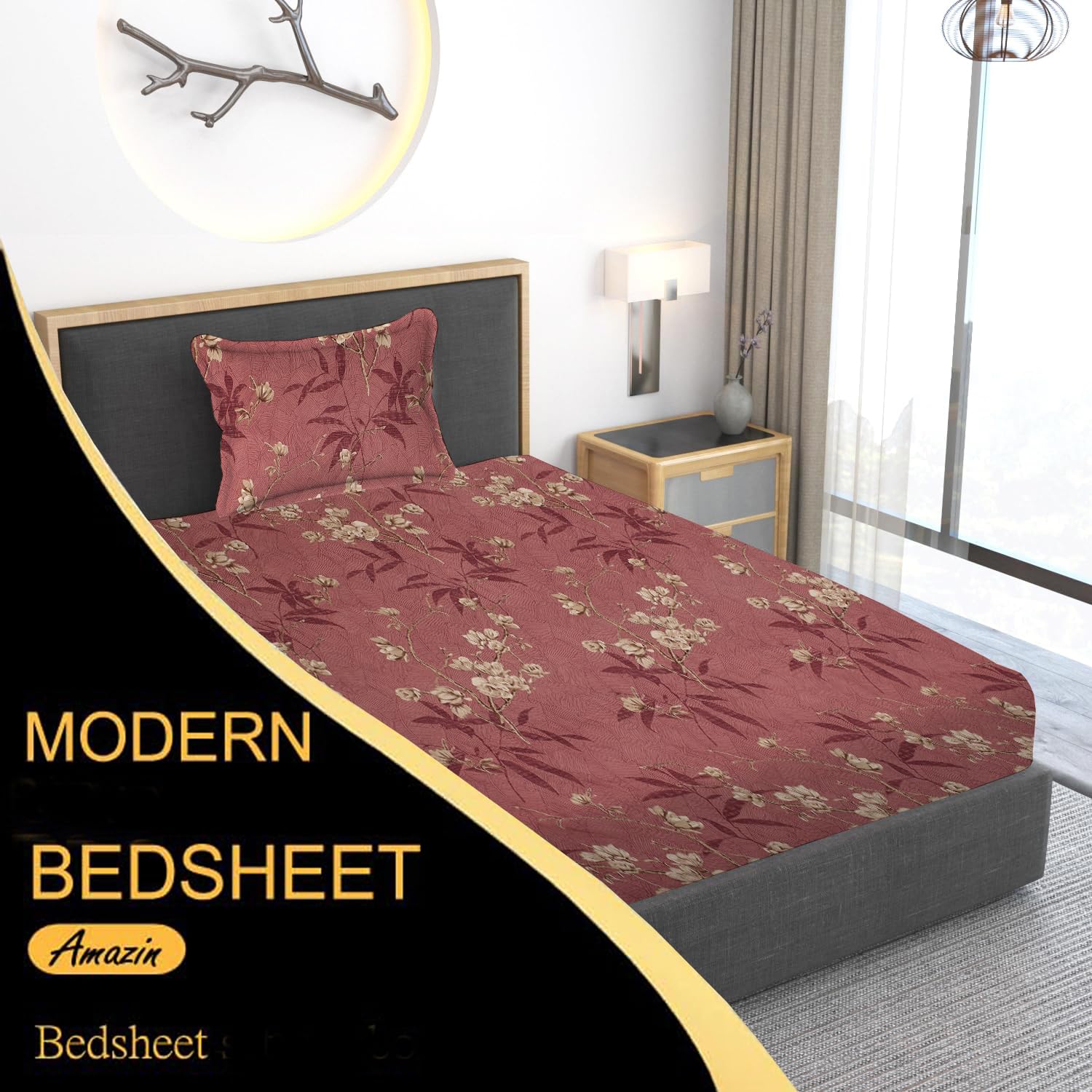 Print Cotton 1 Single Bedsheet With 1 Pillow Cover - 60 X 90 Inches, Beige & Wine | Soft & Breathable Fabric, Skin-Friendly Bed Sheet For All Seasons