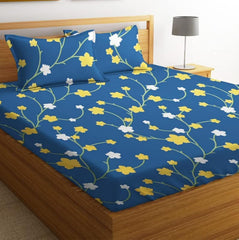 100% Microfiber Bedsheet For Double Bed With 2 Pillow Covers Breathable - 88 X 90 Inches, Dark Blue | Wrinkle Free & Soft Touch Floral Print Bedsheet