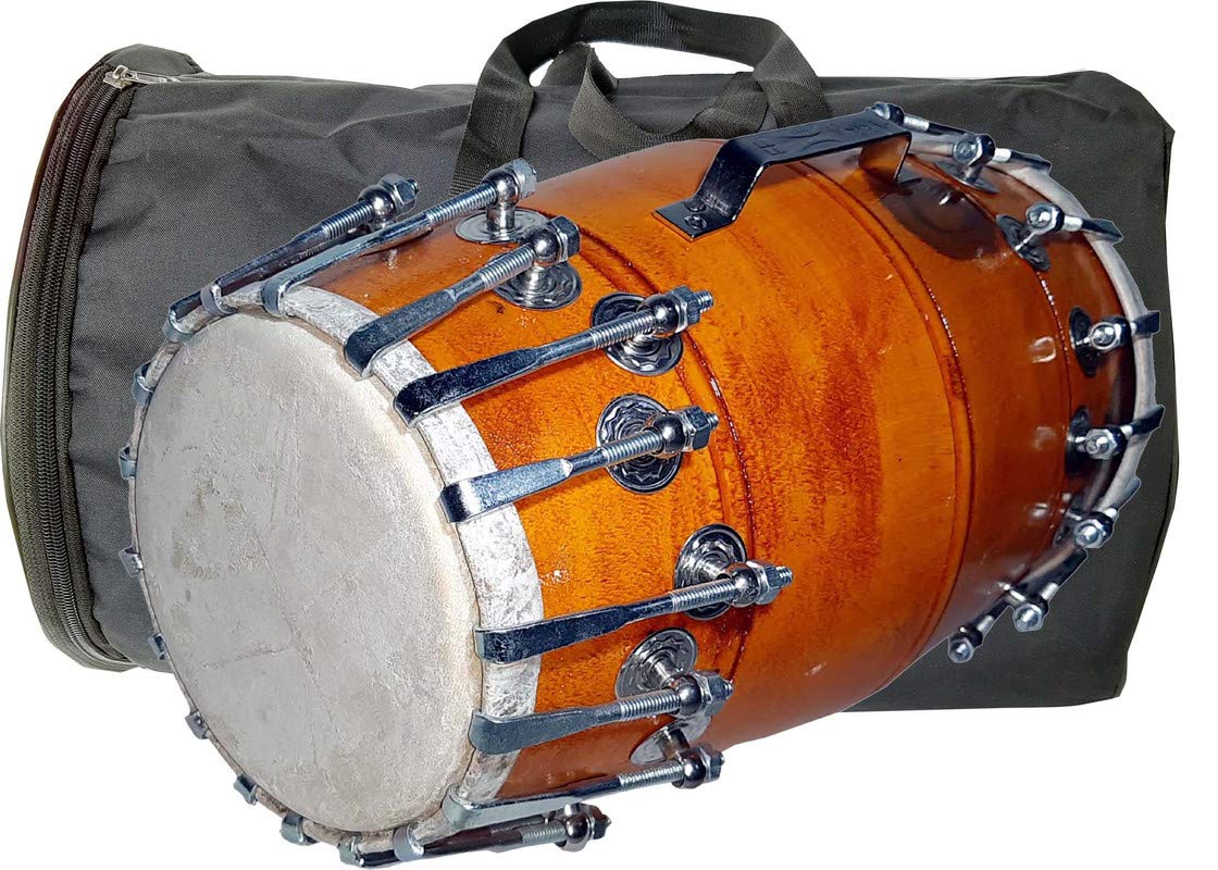 Wooden Musical Dholak Instrument Drum Nuts & Bolt With Cover - Orange | Perfectly Symmetric Round Dholak - Dholak For Festival, Wedding, Satsang | Very Easy To Tune
