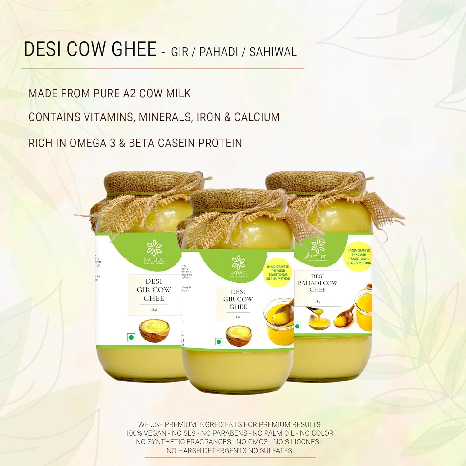 Organic Pure Desi Pahadi Cow Ghee By Natuur | Vedic Bilona Method Curd Churned Golden Grainy Desi Ghee Perfect For Parathe & Rotis | (500ml) 16.9 Ounce | Jar Pack