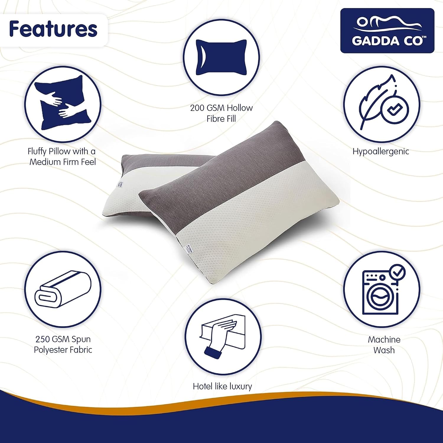 Hollow Sleeping Fiber Pillow With Zip, Adjustable Sleeping Bed Pillow -Standard Size | White & Grey, Soft & Fluffy Pillow, Neck Support, Breathable, Cool & Comfortable - Set Of 2