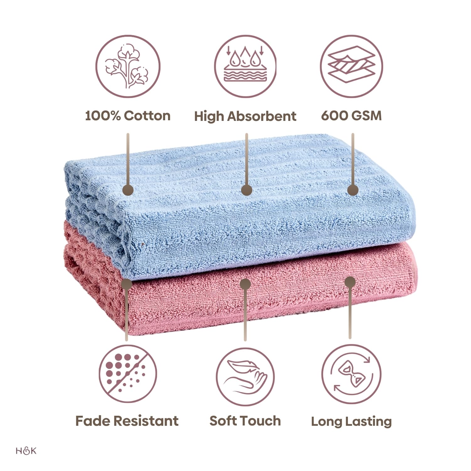 Haus & Kinder Allure Zero Twist Bath Towel 500 Gsm | Cotton Towel For Men, Women Pack Of 2 (Blue & Pink)