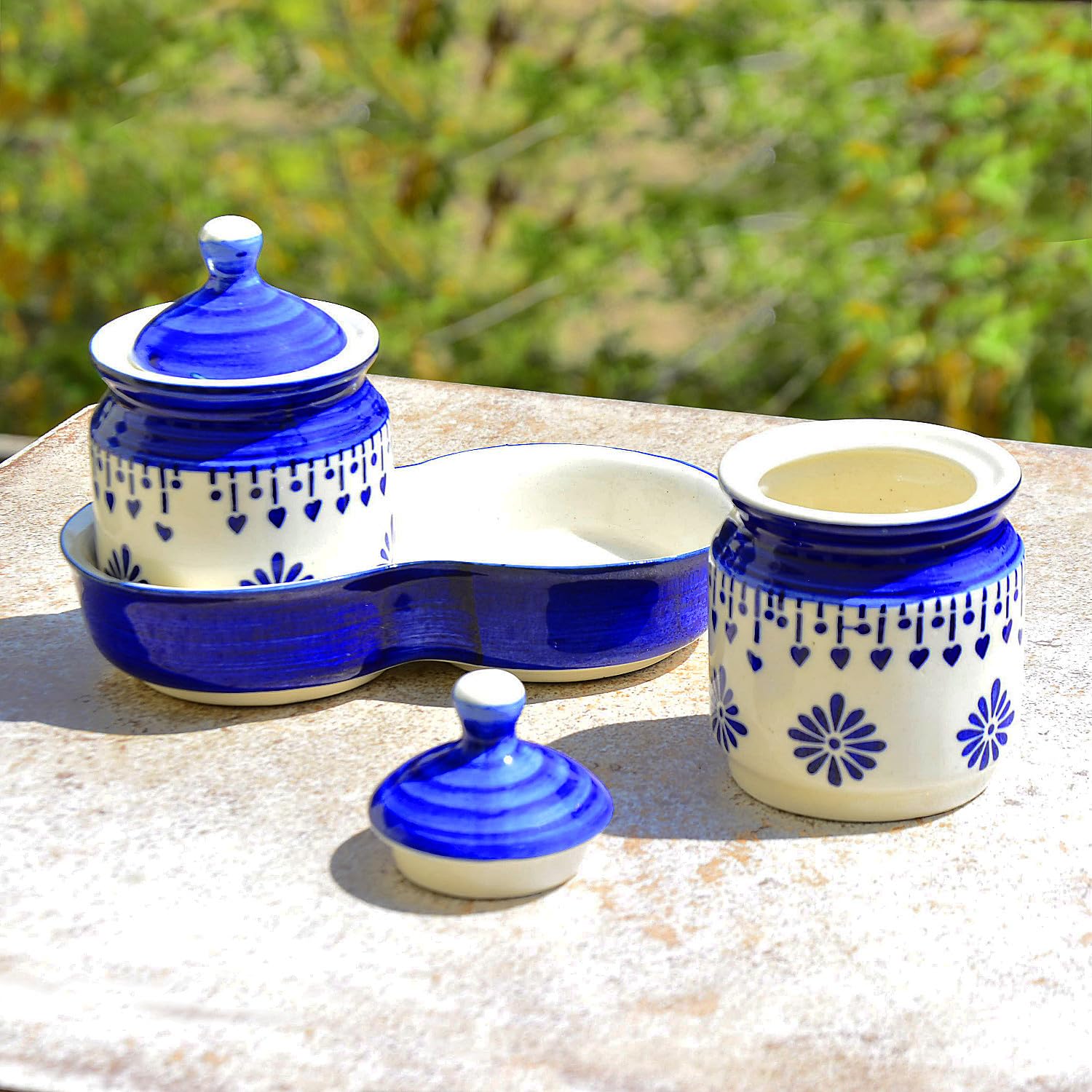 Hand Painted Ceramic Pickle Jar Set With Tray Set Of 2 - Blue & White, 250ml Each | Condiment Set, Masala Container - Pickle & Chutney Jar Set For Dining Table