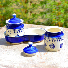 Hand Painted Ceramic Pickle Jar Set With Tray Set Of 2 - Blue & White, 250ml Each | Condiment Set, Masala Container - Pickle & Chutney Jar Set For Dining Table