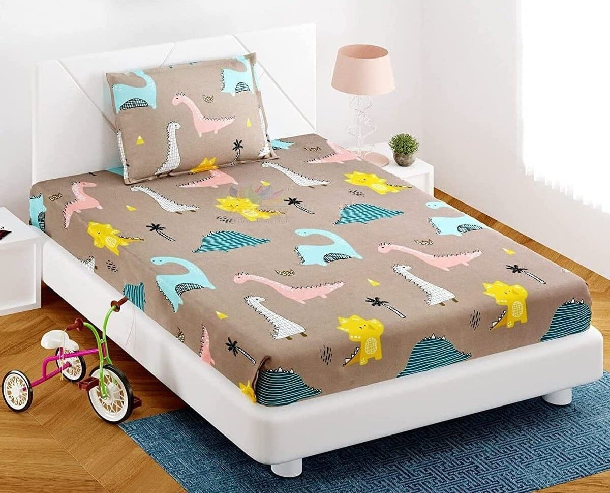 Kids Bedsheet Single Size Elastic Fitted With 1 Pillow Cover - 48 X 72 X 8 Inches, Brown | Soft Touch To Skin | Perfect Ideal For Child Bedsheet