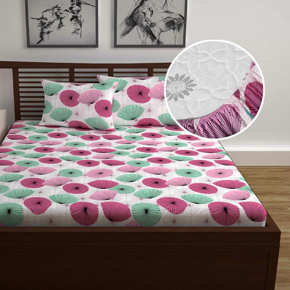 Double Bedsheet For Queen Size With 2 Pillow Covers - 60 X 78 Inches, Pink & White | All Around Elastic Fitted Soft, Lightweight & Breathable Cotton Bedsheet