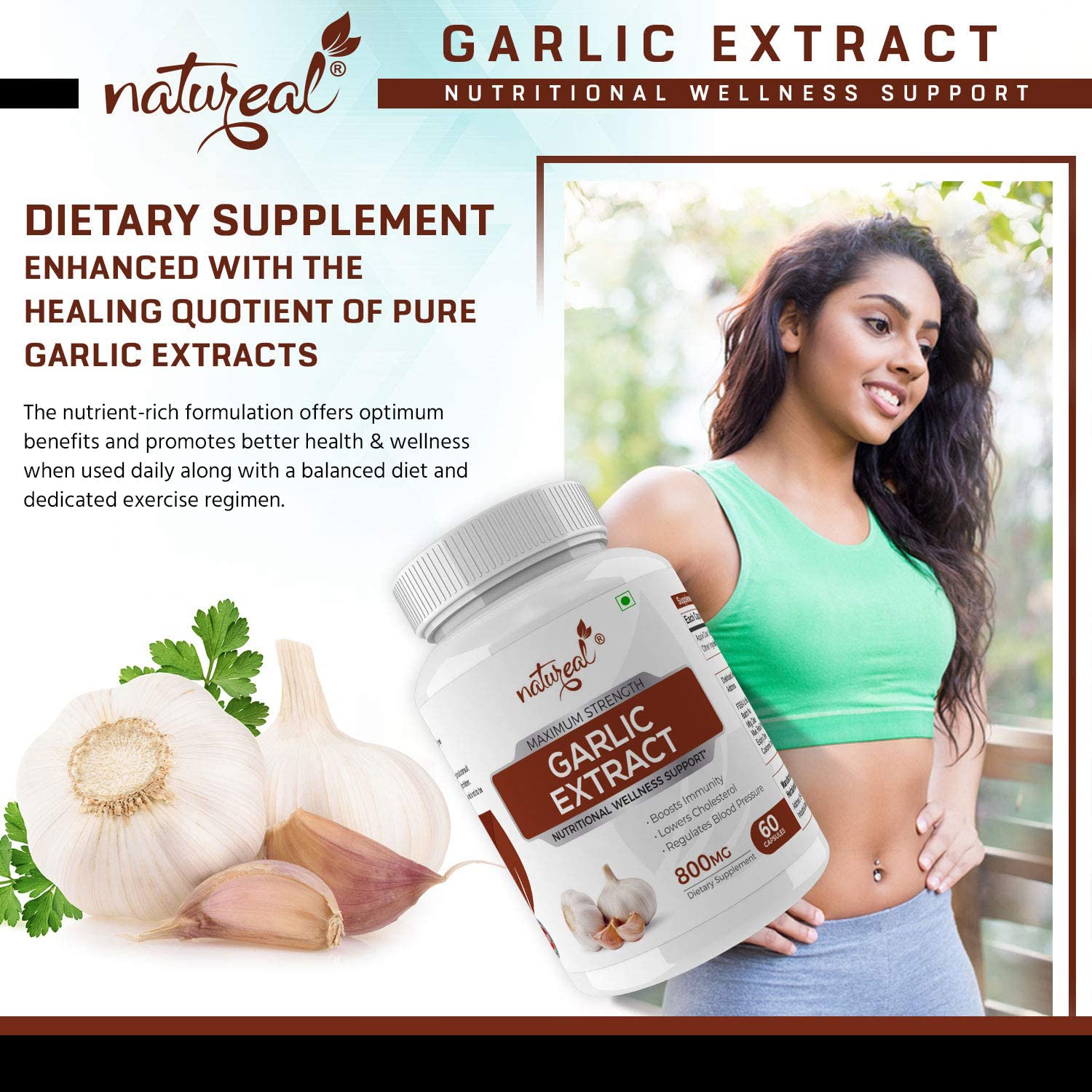 Natureal Garlic Extract Capsules For Cardiac Wellness & Antioxidant 800mg, Boost The Immune System It Supports The Protective Mechanism Of The Body | 60 Capsules 100gm 0.2lbs