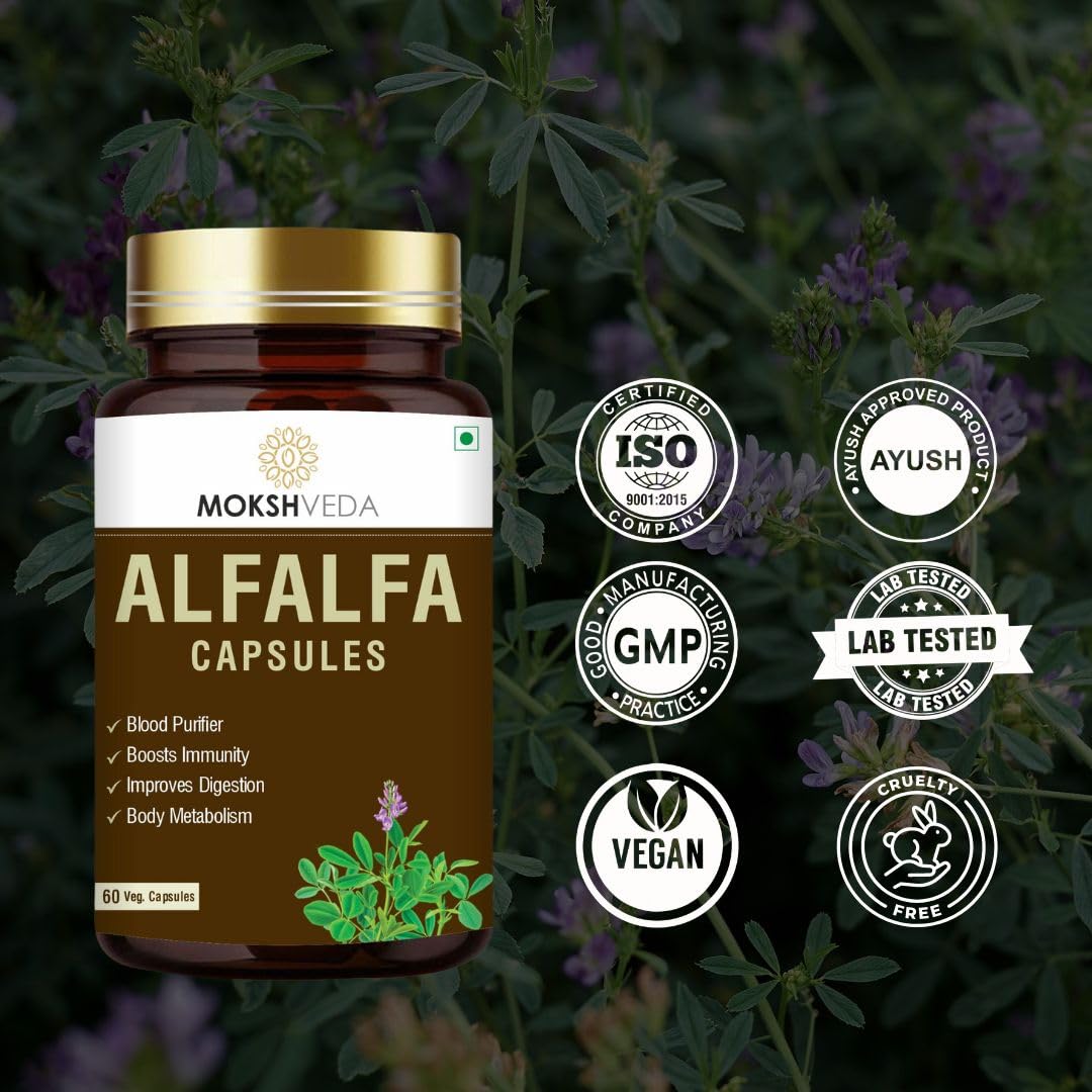 Mokshveda Alfalfa Capsule May Used For Bone & Joint Support Pain Relief, Immunity & Blood Purification | 60 Capsules, 100gm 0.2lbs