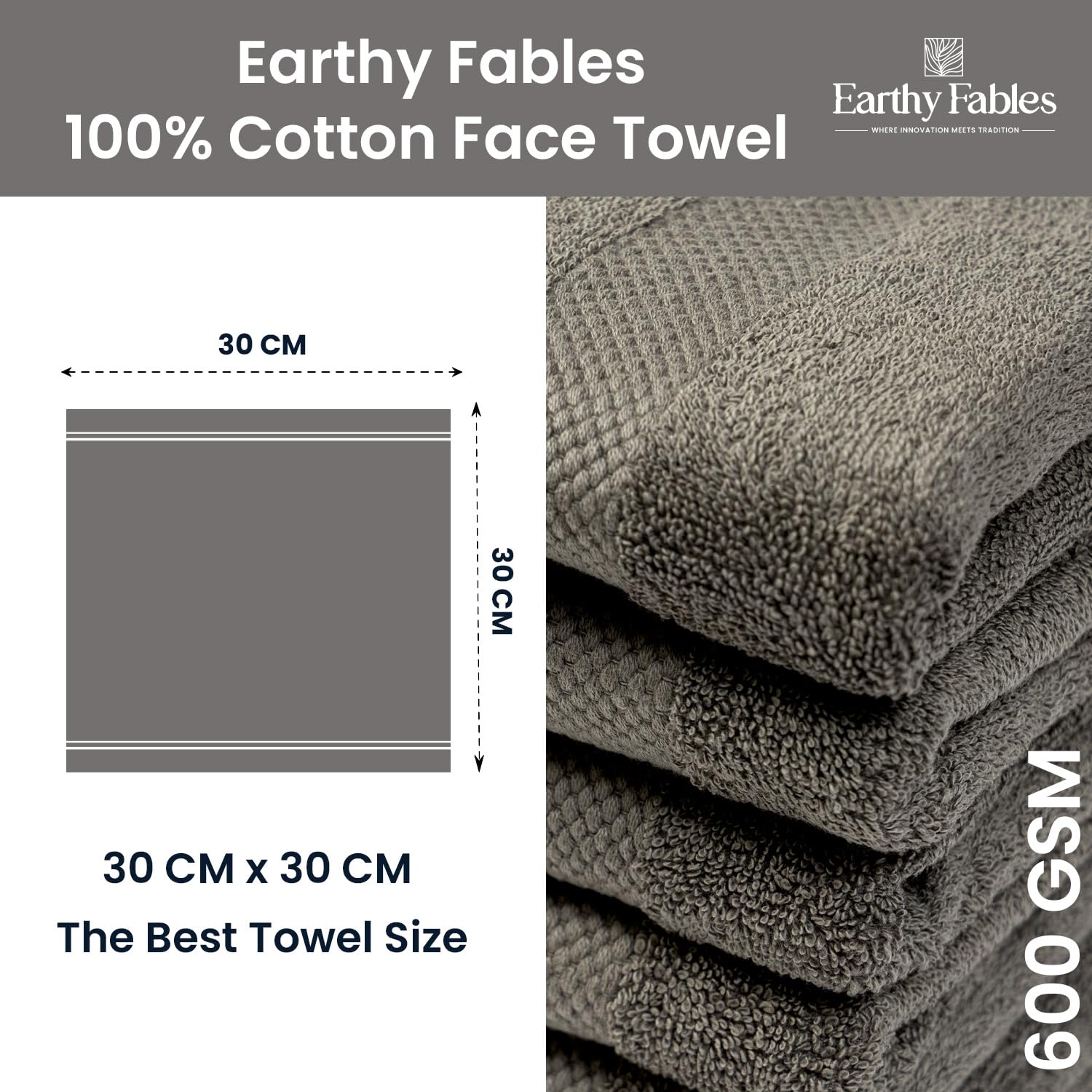 Earthy Fables Premium Face Towels 800 Gsm | Ultra Soft, Quick Dry & Highly Absorbent, For Gym, Travel & Acne-Prone Skin | Set Of 4 (Grey)