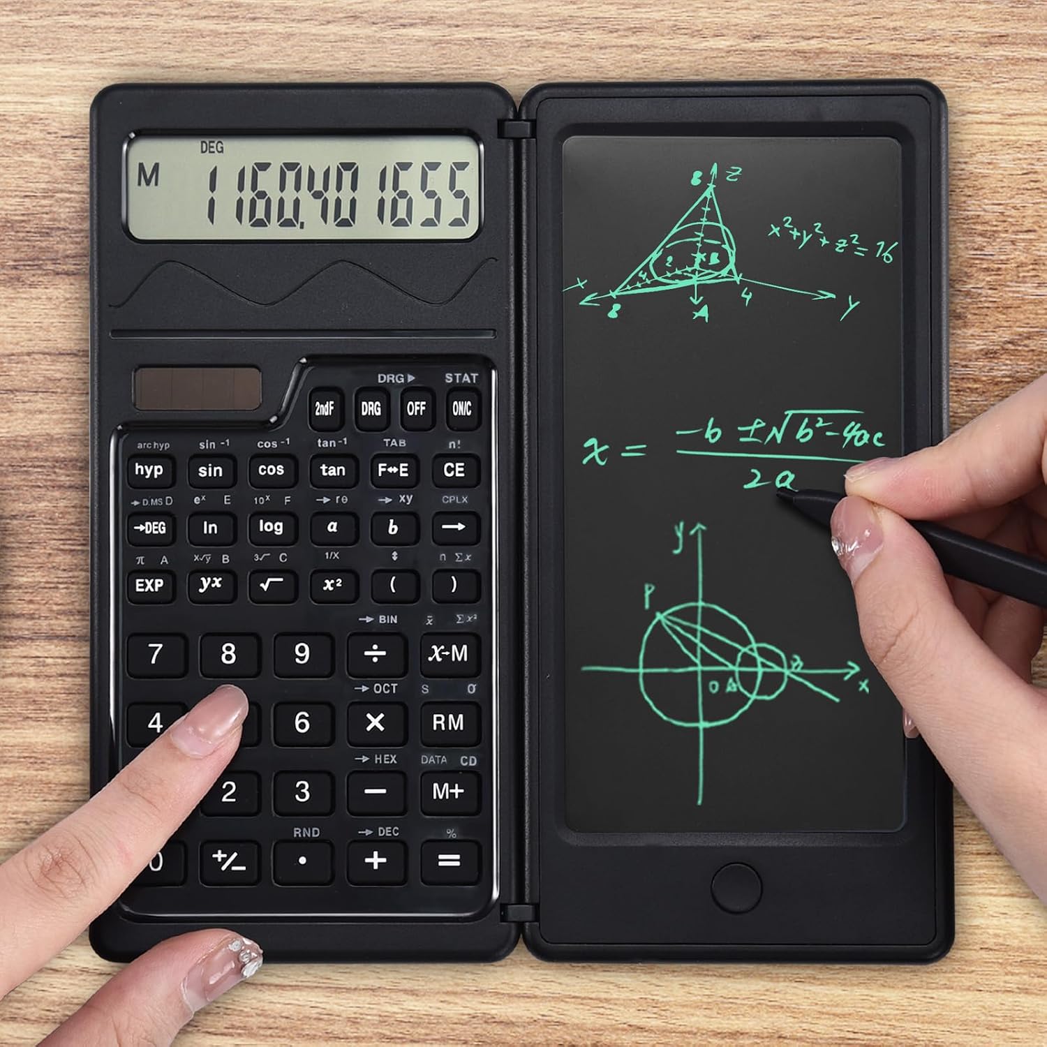 EooCoo Scientific Calculator For Students & Erasable LCD Writing Board Tablet, Math Calculator With Notepad,10 Digit, Solar Battery, Slim Portable, Suitable For School, College, Office, Black