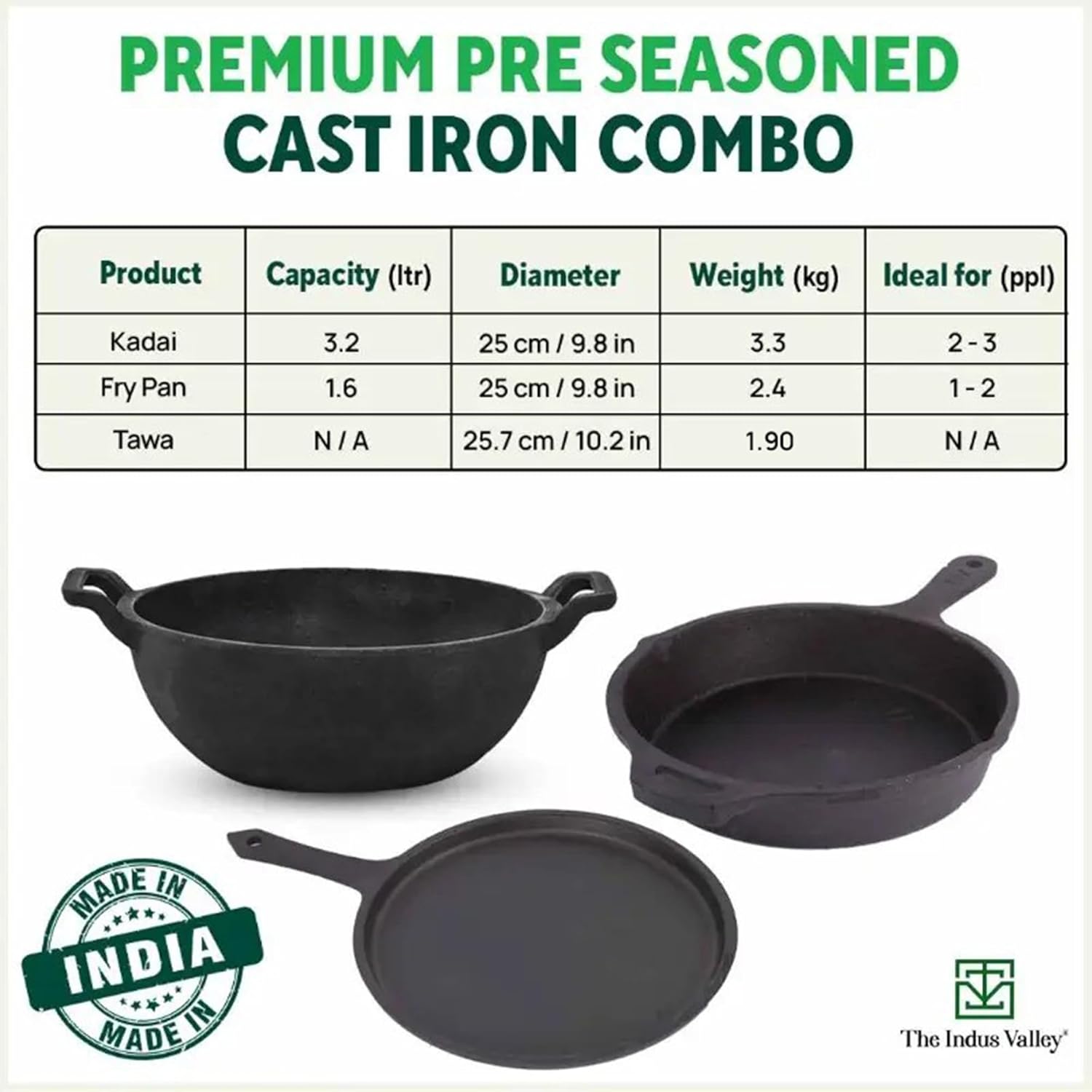 Pre-Seasoned Black Cast Iron Cookware Set + Free Tadka Pan | Tawa 25.7cm + Kadai 25.4, 3.2 Liters + Fry Pan 25cm, 1.6 Liters - Kitchen Cooking Combo Pots & Pans Set Of 4 Pc | Naturally Nonstick