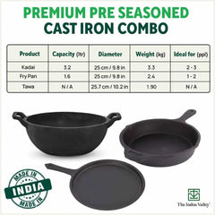 Pre-Seasoned Black Cast Iron Cookware Set + Free Tadka Pan | Tawa 25.7cm + Kadai 25.4, 3.2 Liters + Fry Pan 25cm, 1.6 Liters - Kitchen Cooking Combo Pots & Pans Set Of 4 Pc | Naturally Nonstick