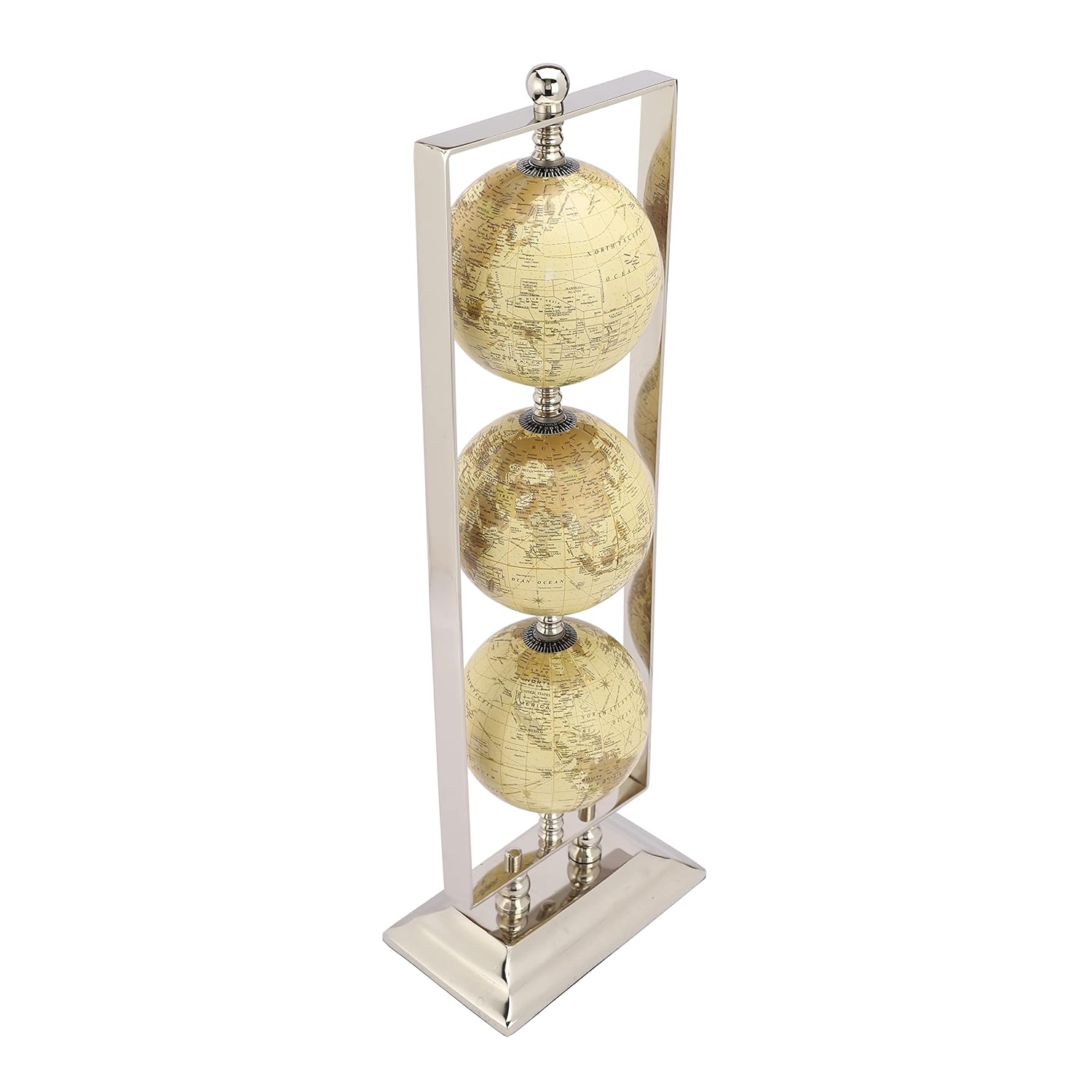 Handcrafted Vertical Triple Golden Globe Stand Decorative, Accessories For Table, Desk For Showpiece, Office Shelves, Bedroom & Gifting (Cream Silver) Set Of 3 Globes In 1