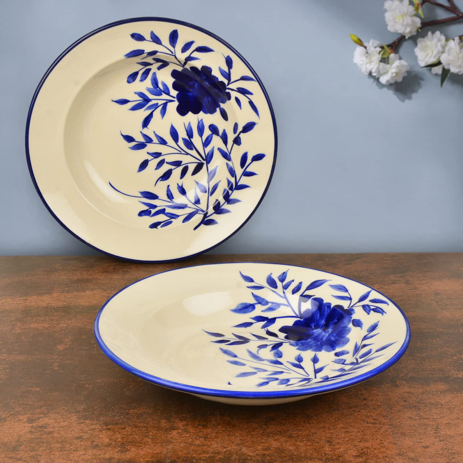 Hand Painted Premium Ceramic Floral Deep Pasta Plates Set Of 2 - Diameter: 9.5 Inches, Blue & Off White | Soup Plates - Maggi Plates