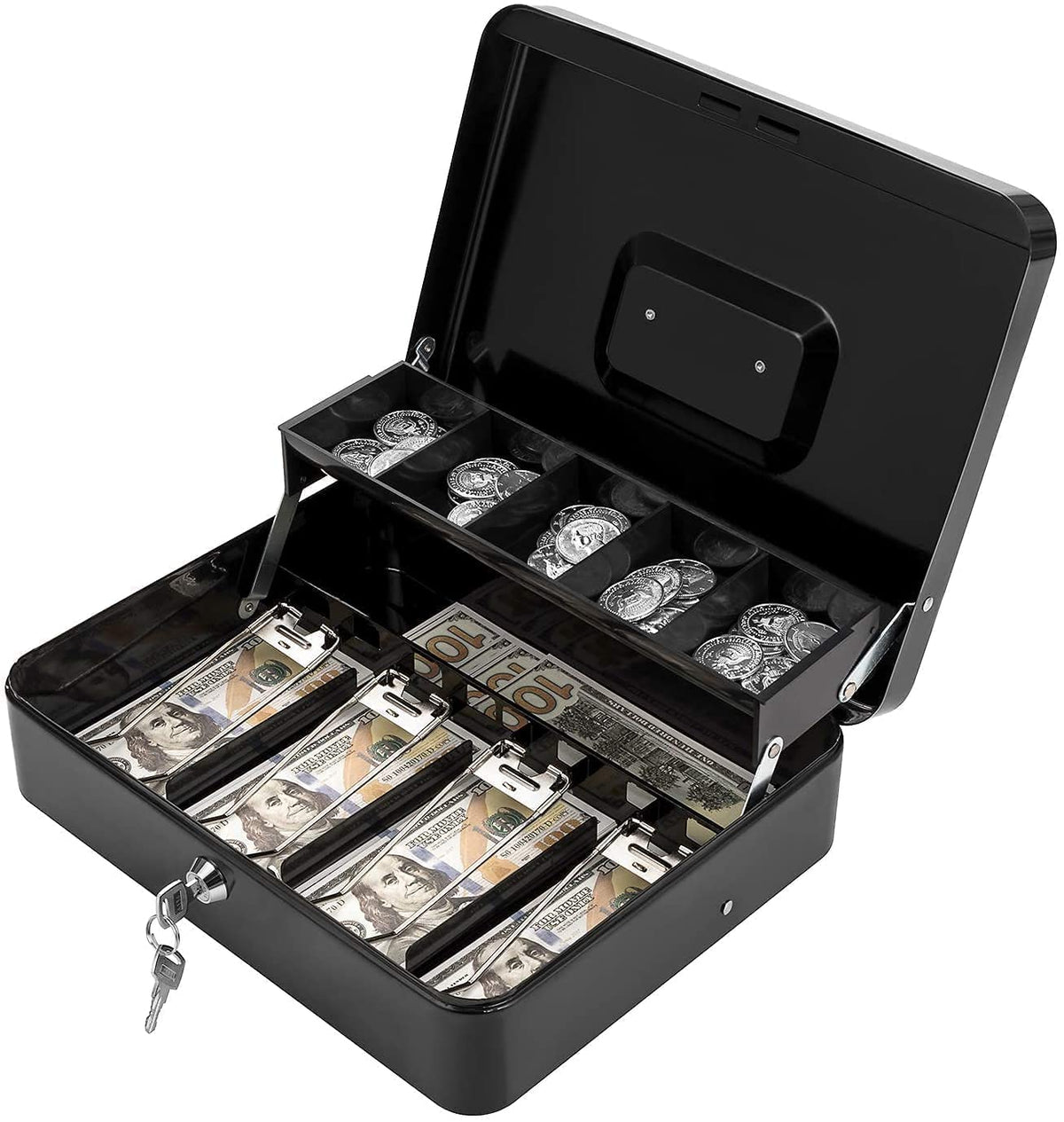 Cash Box With Key Lock & 2 Level Money Tray, Metal Money Box, 4 Note & 5 Coin Slots, Large Size: 30 * 24 * 9cm | 12 Inch With Clip, Colour - Black