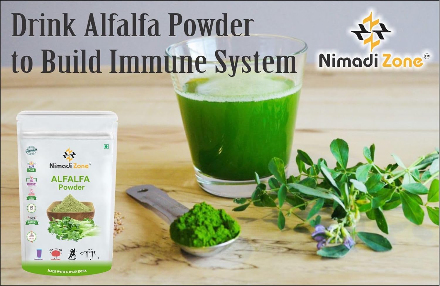 Nimadi Zone Alfalfa Grass Powder, Rich In Calcium, Phosphorous, Potassium, Trace Minerals, Enzymes And Vitamins | 500gm 1.1lbs