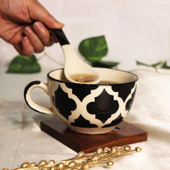 Black Moroccan Hand Painted Handled Ceramic Soup Bowls With Spoons Set Of 2, 300ml Each | Ceramic Soup Cups - 2 Pieces, Microwave Safe & Dishwasher Safe