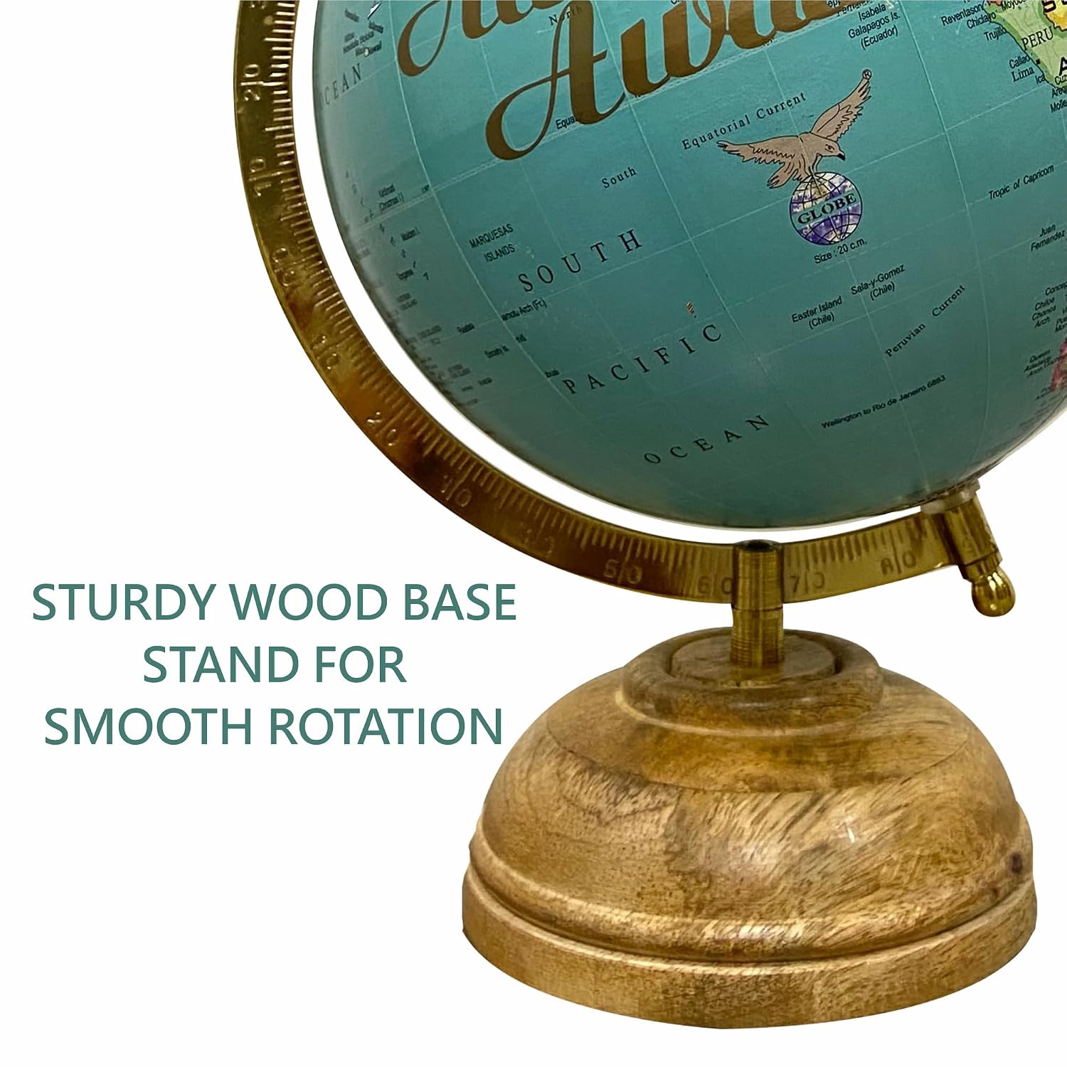 Antique World Globe 8 Inch With Wooden Base For Gifting, Kids & Student Learning, Decoration Showpiece, Office Table, Desktop & Home Decor, Detailed Map, Pack Of 1