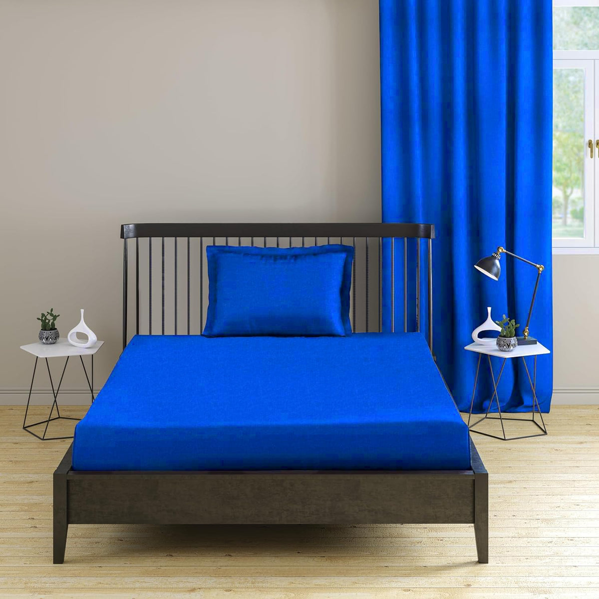 1 Plain Single Flat Bedsheet With 1 Pillow Cover - 54 X 90 Inches, Blue | Breathable & Skin Friendly Bedsheet | Ideal For Hotel, Guest House, Bedroom