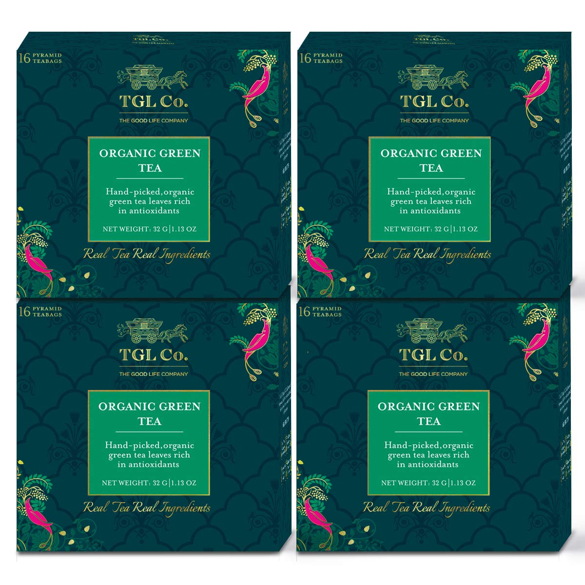 TGL Co. Organic Green Tea - Pack Of 4 X 16 Pyramid Tea Bags, 128gm, 4.5 Ounce | Rich In Anti Oxidant, Improve Digestion - Medium Caffeine, No Artificial Flavor